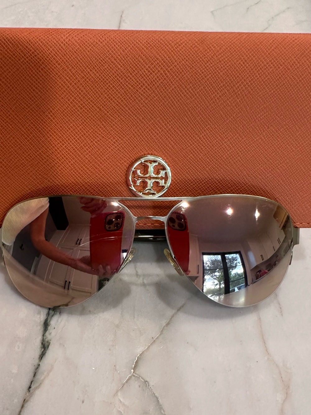 Tory Burch TY6408 Orange TB Case with Gold/Rose Pink Mirrored Aviator Sunglasses